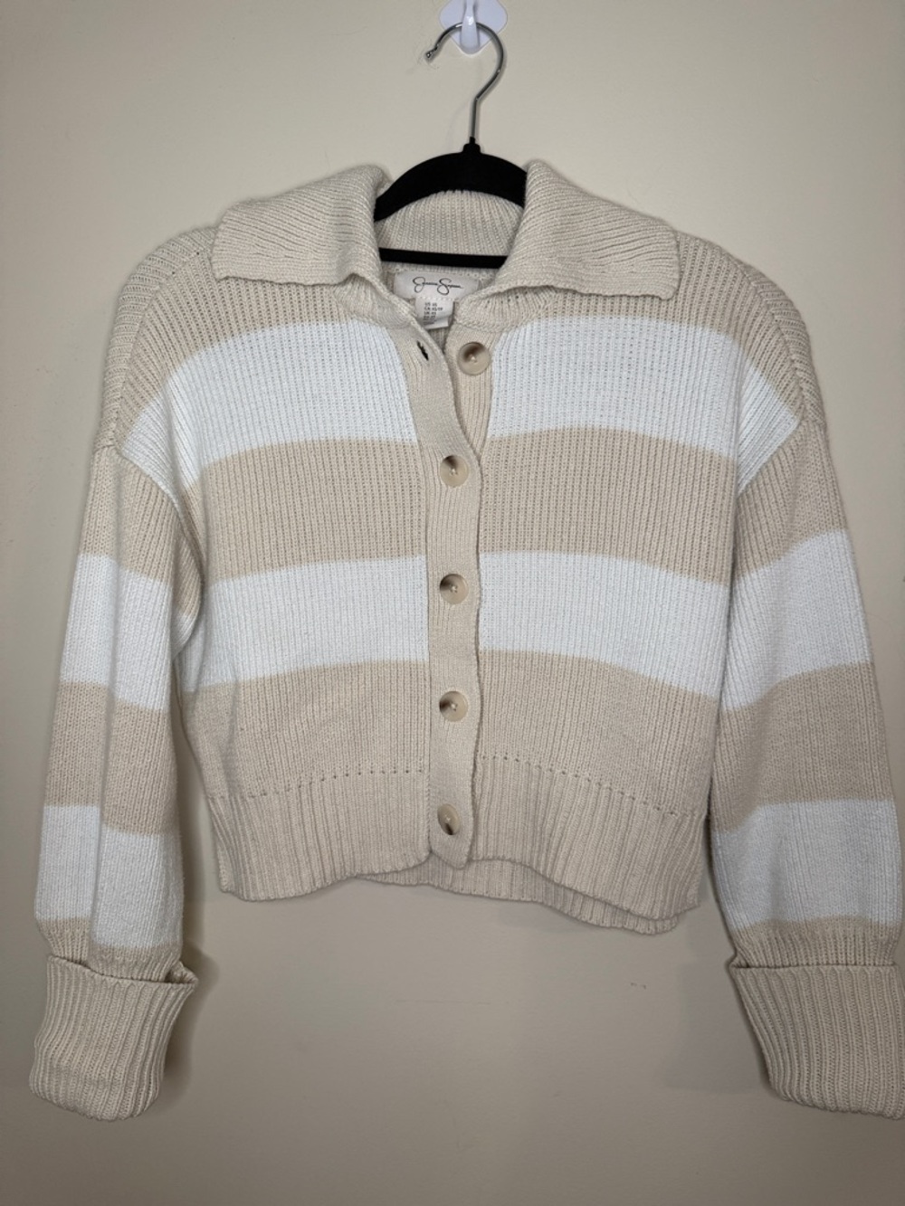 Jessica Simpson Cream & White Striped Collared Button Cardigan